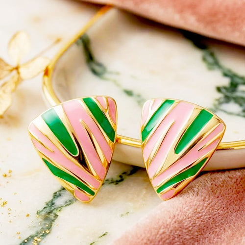 14K Gold Pink Green AKA Animal Print Stud Earrings