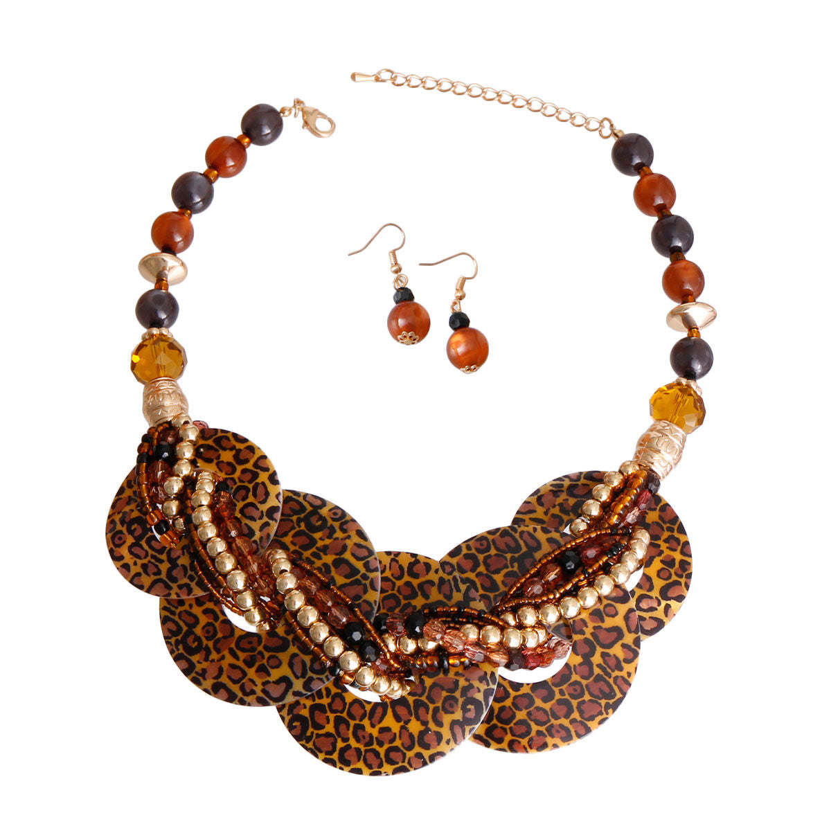 Brown Leopard Beaded Shell Disc Necklace