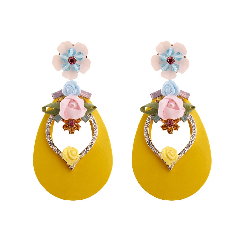 Yellow Teardrop Earrings - Rhinestone & Flower