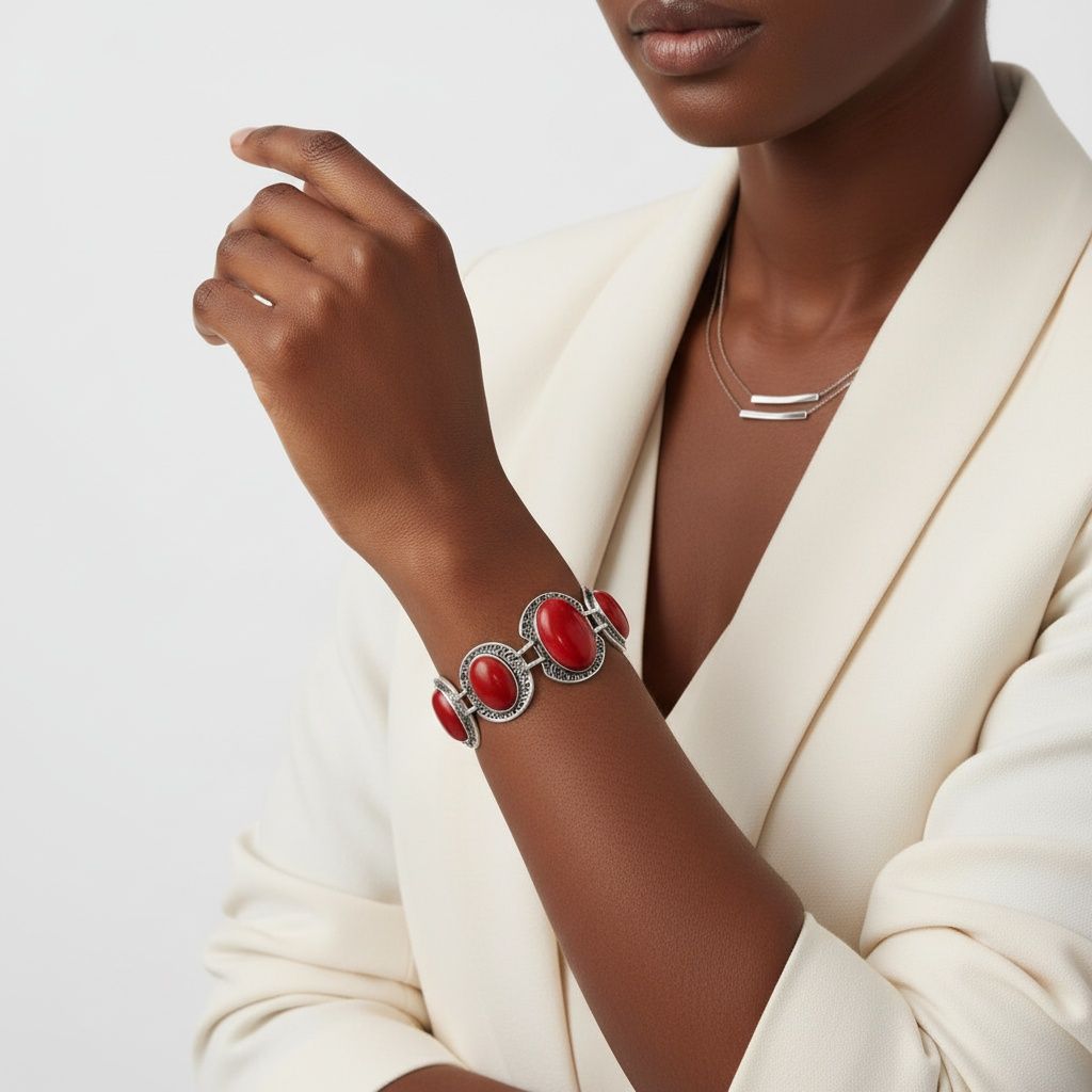 Linked Cracked Red Oval Burnished Silver Bracelet