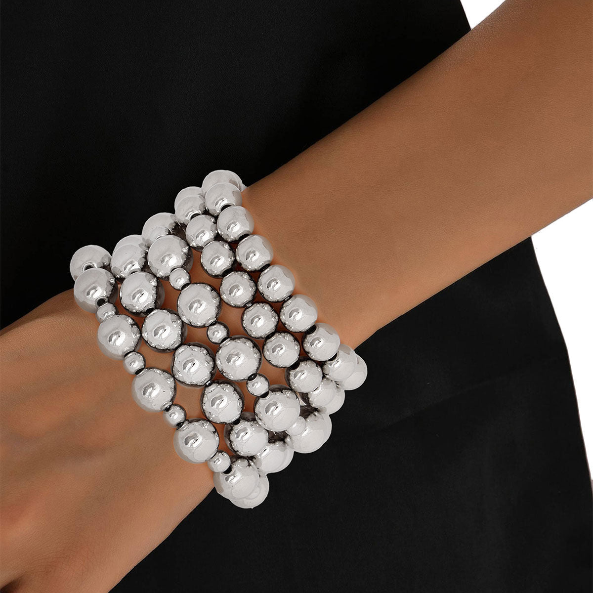 Metallic Silver Pearl Bracelets 5 Pcs