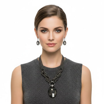 Pendant Black Oval Crystal Hematite Chain Necklace