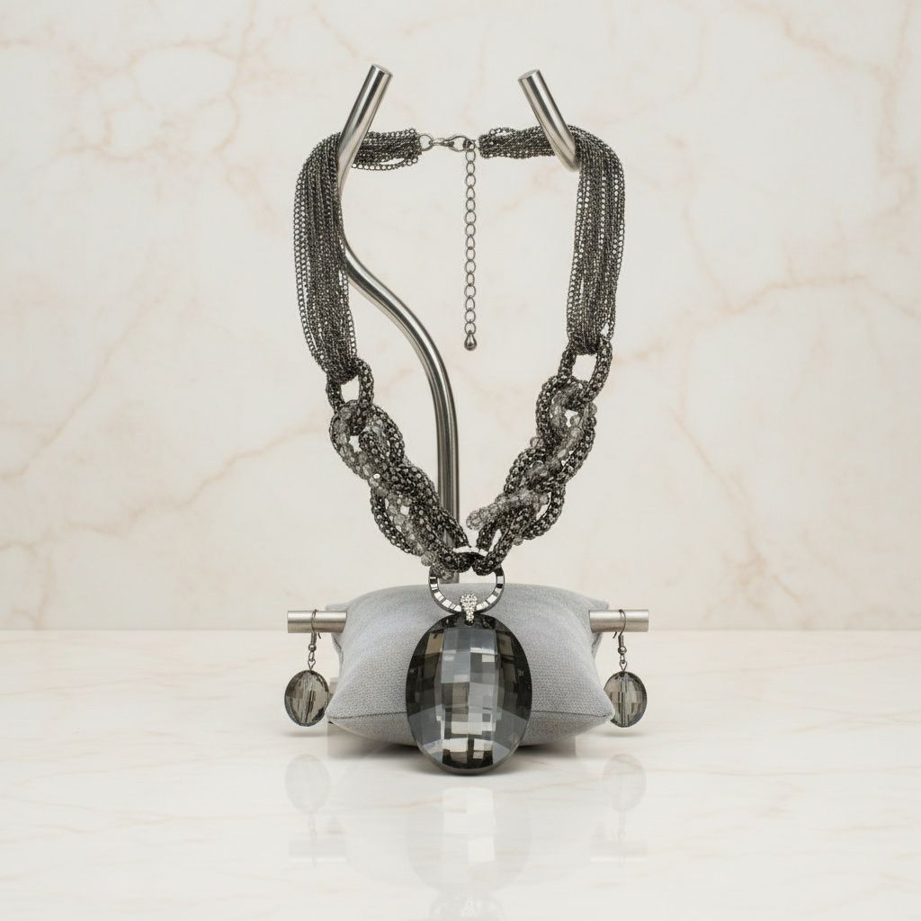 Pendant Black Oval Crystal Hematite Chain Necklace