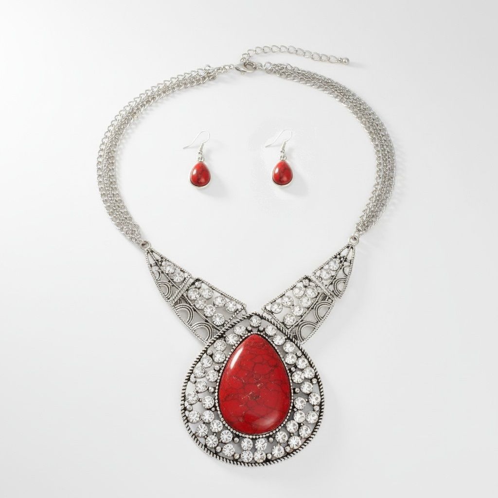 Pendant XL Red Cracked Teardrop Tribal Necklace