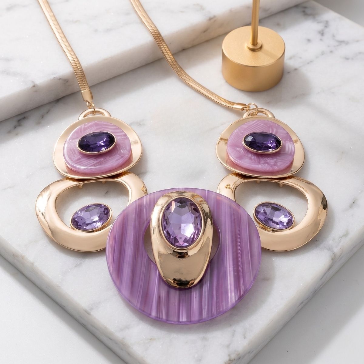 Necklace Gold Purple Circular Bib for Women