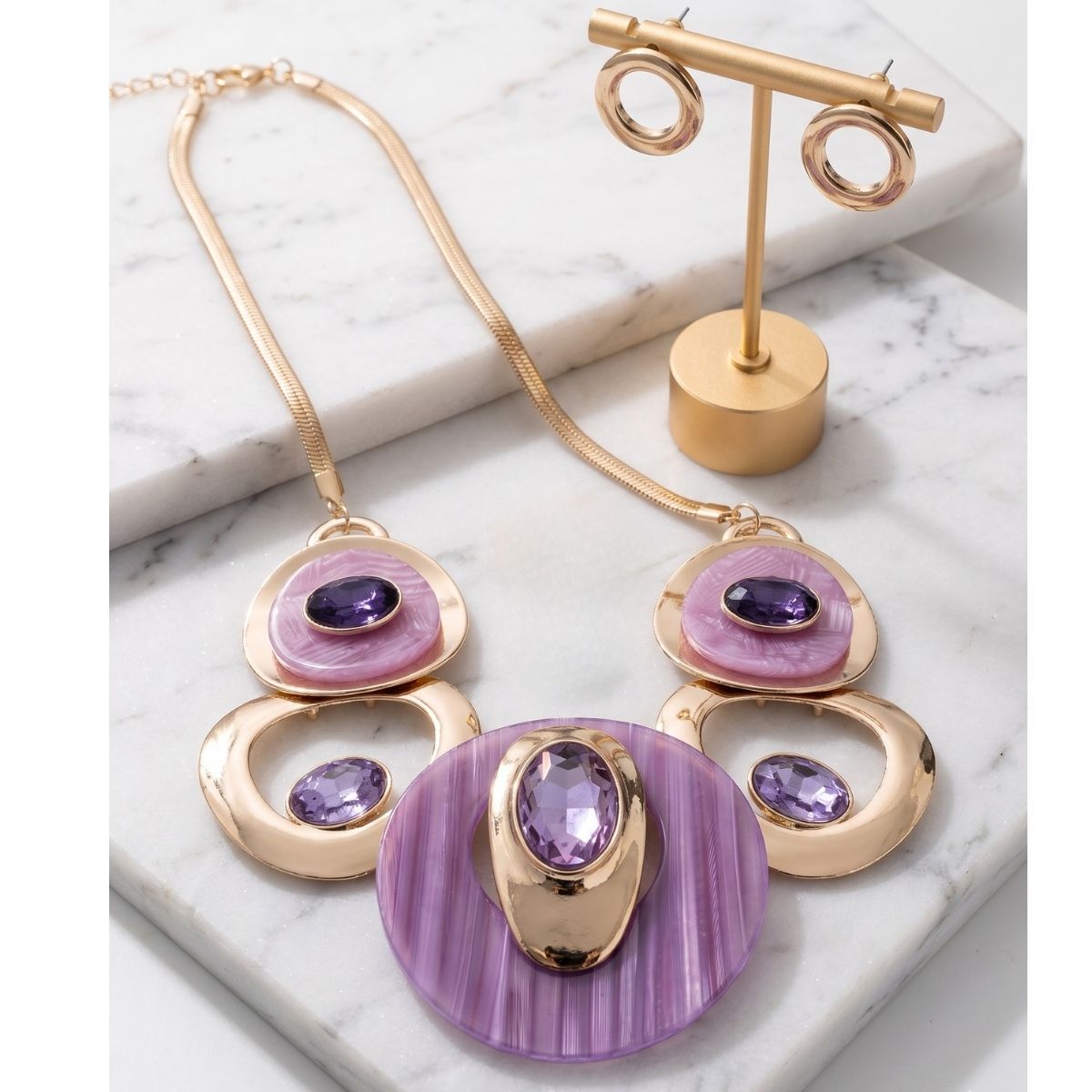 Necklace Gold Purple Circular Bib for Women