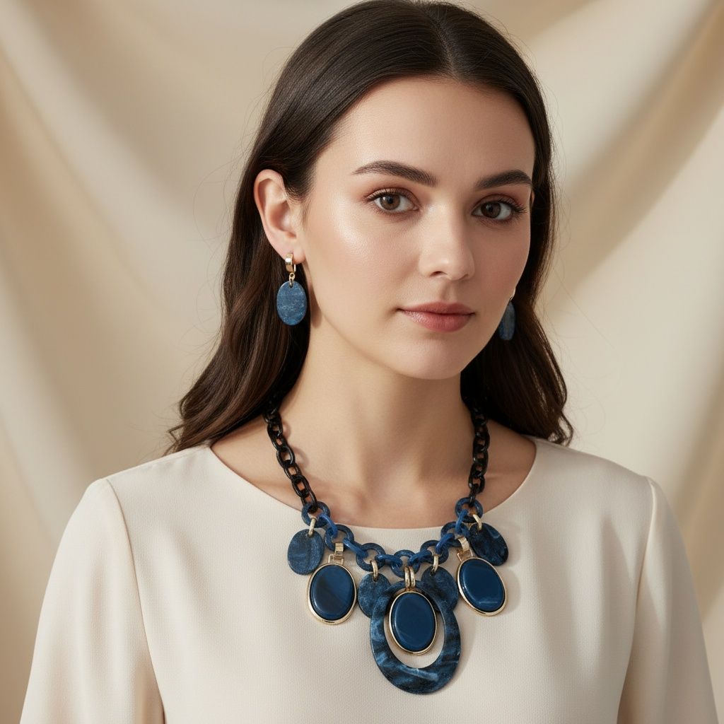 Necklace Blue Glitter Oval Swirled Set for Women
