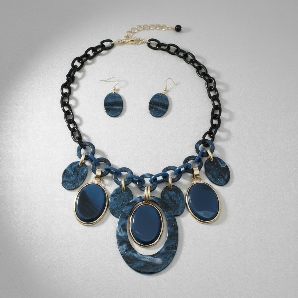 Necklace Blue Glitter Oval Swirled Set for Women