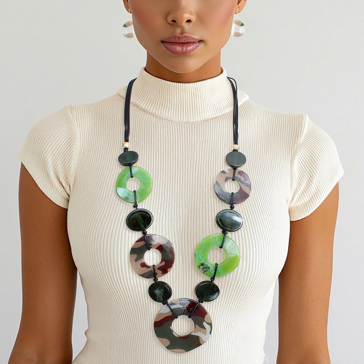 Long Linked Camouflage Rings Black Cord Necklace
