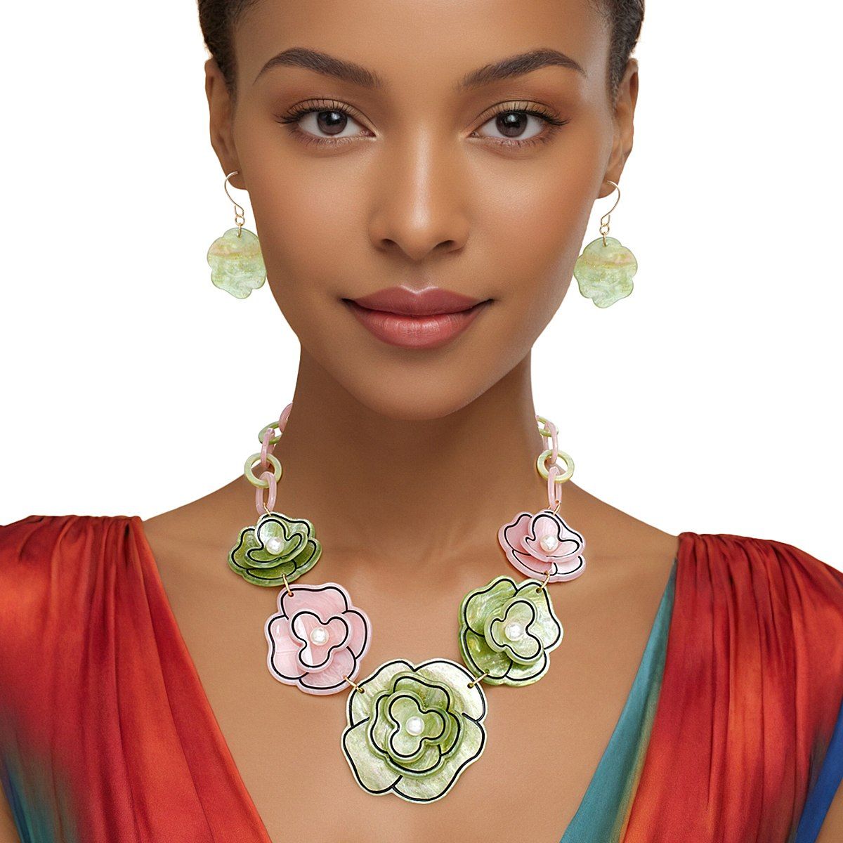 Collar 3D Pink Green Outlined Flower Necklace