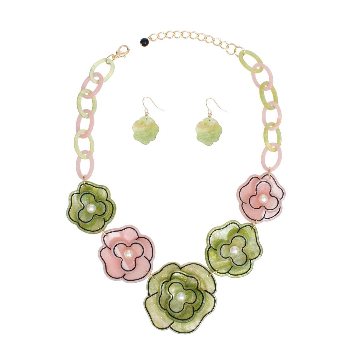 Collar 3D Pink Green Outlined Flower Necklace