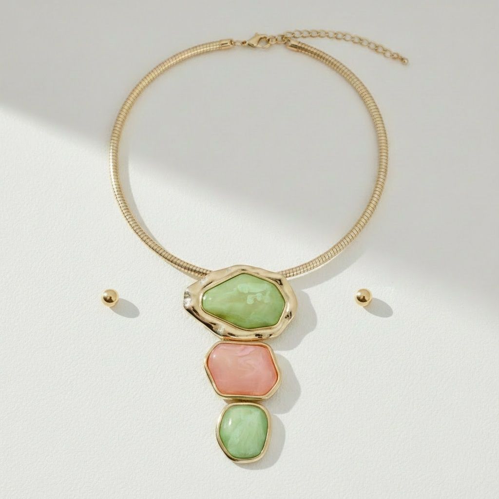 Pink Green Dimensional Pendant Necklace