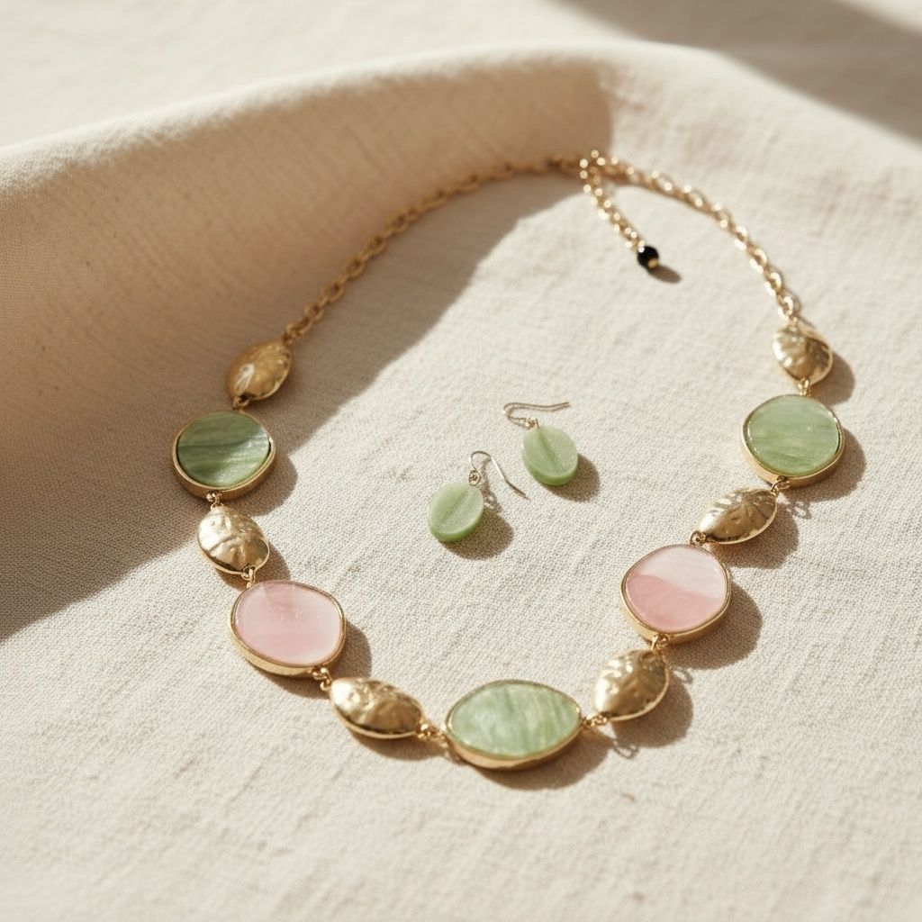Pink and Green Long Gold Linked Necklace