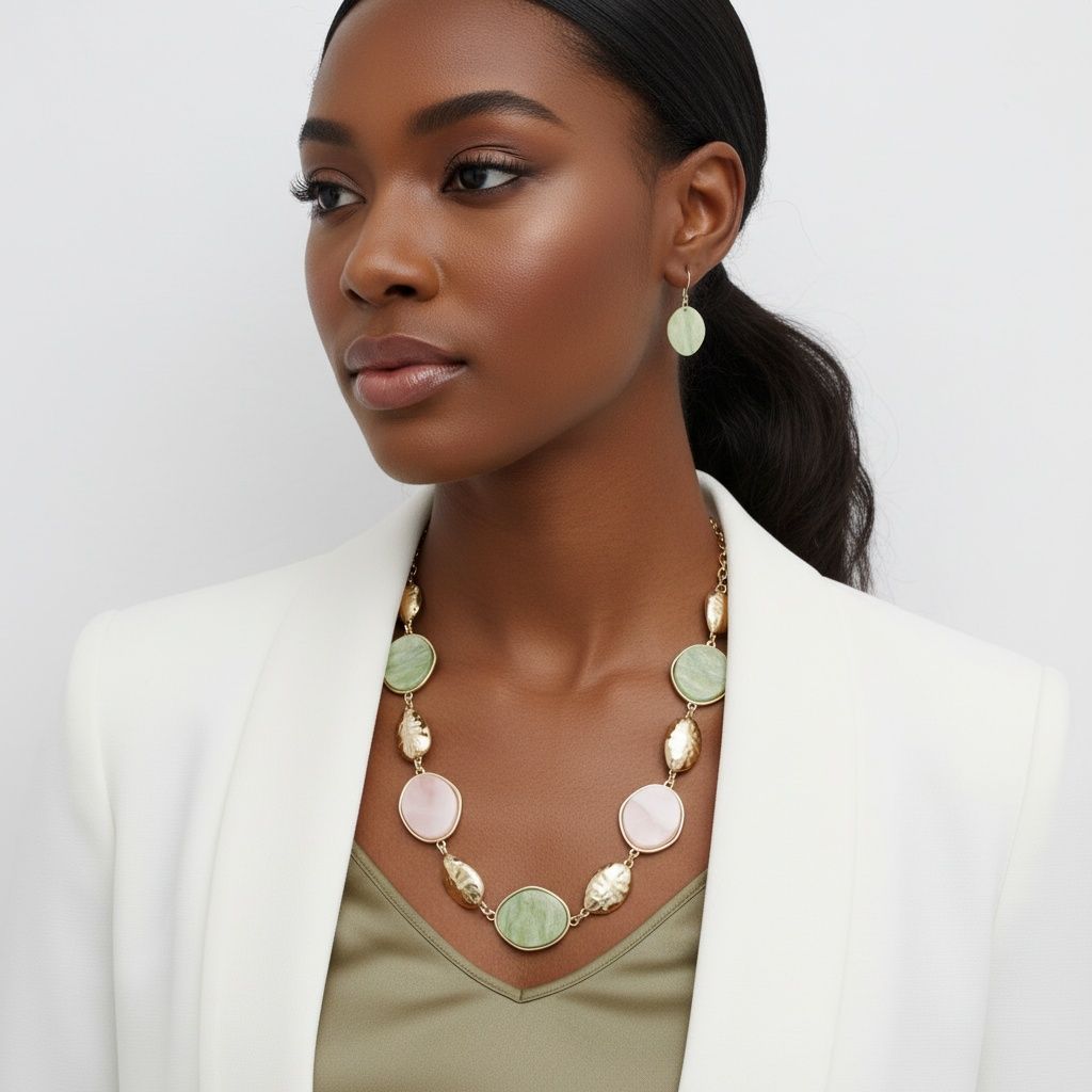 Pink and Green Long Gold Linked Necklace
