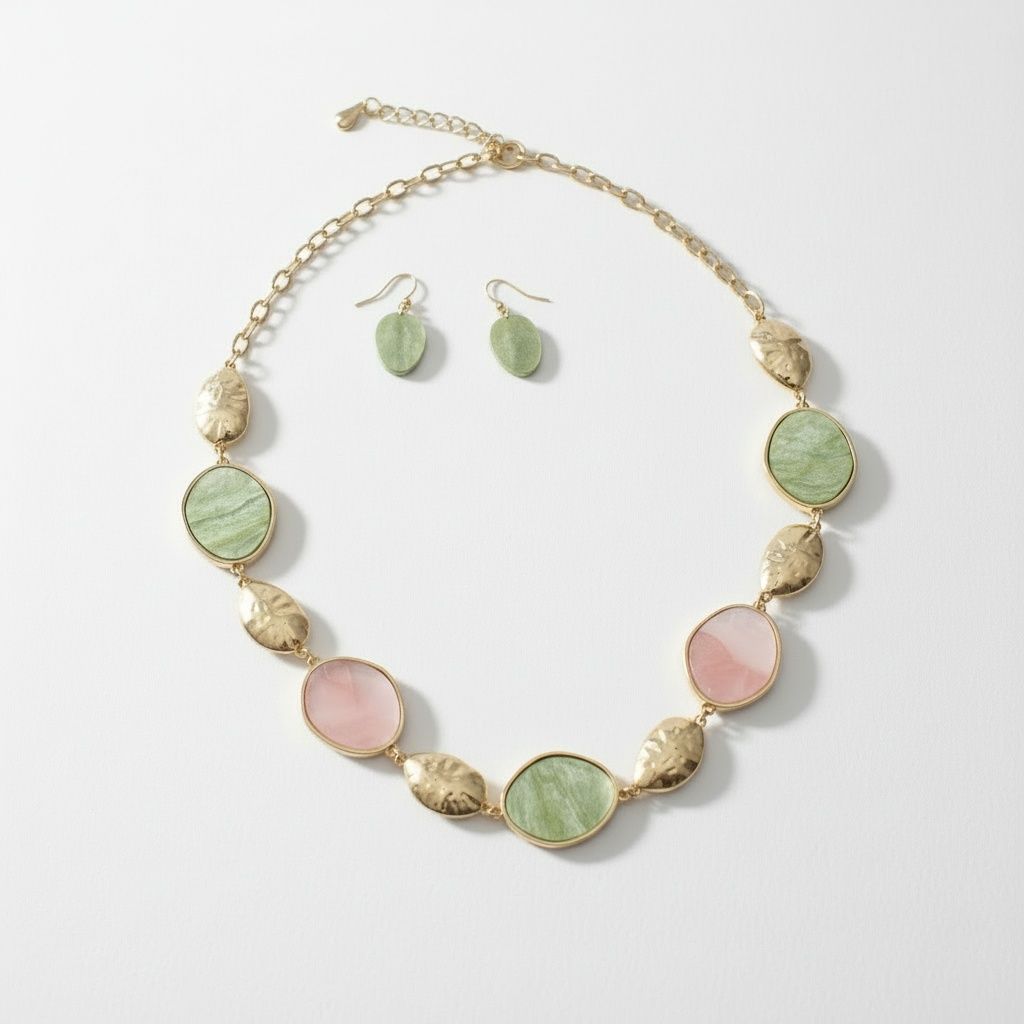 Pink and Green Long Gold Linked Necklace