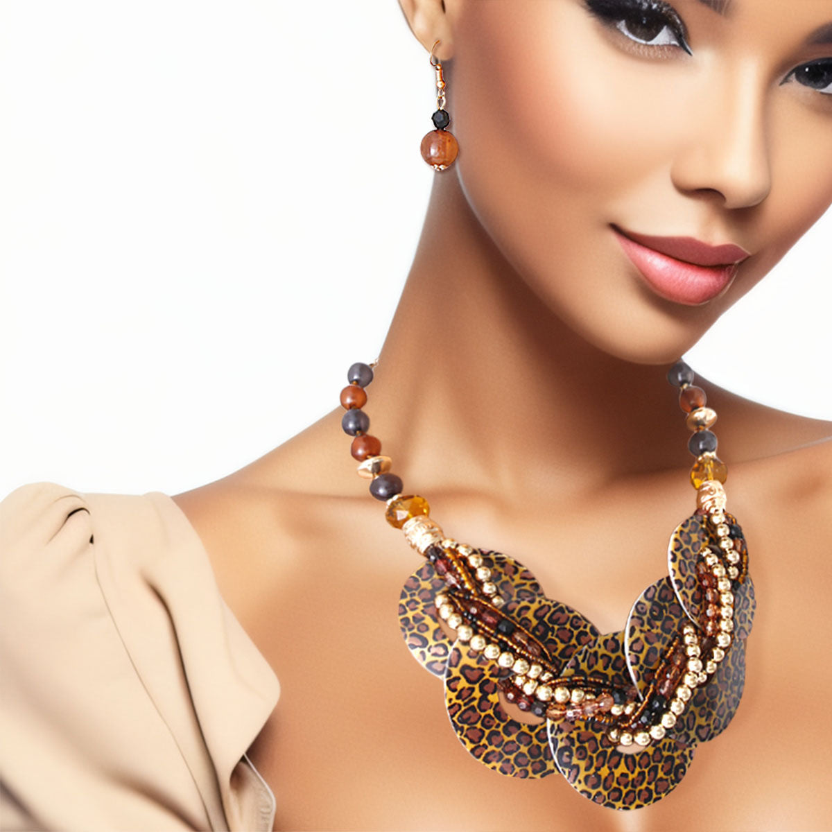 Brown Leopard Beaded Shell Disc Necklace