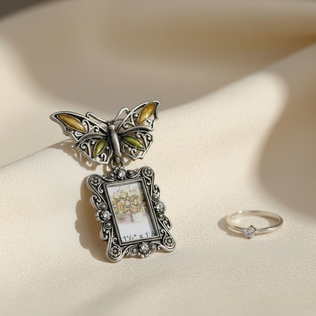 Brooch Antique Butterfly Square Picture Frame Pin