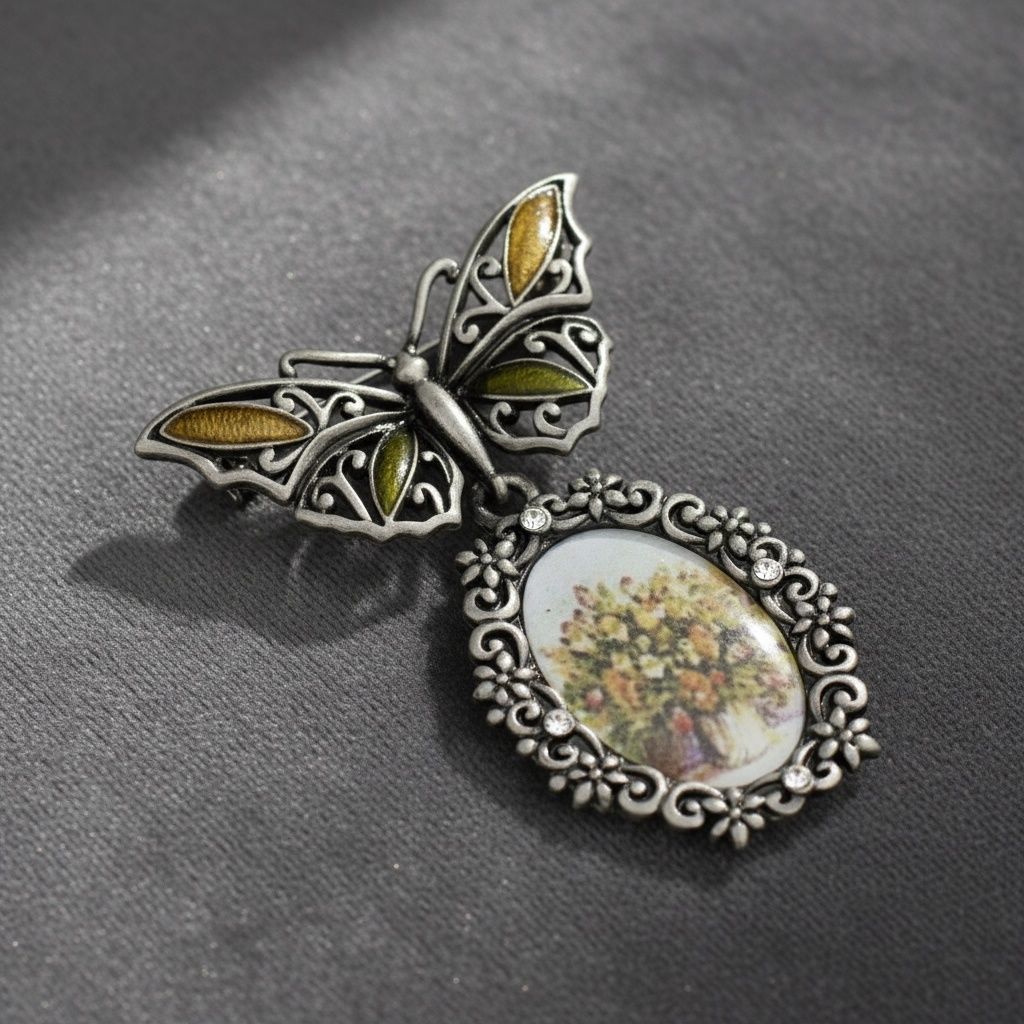 Brooch Antique Butterfly Oval Picture Frame Pin