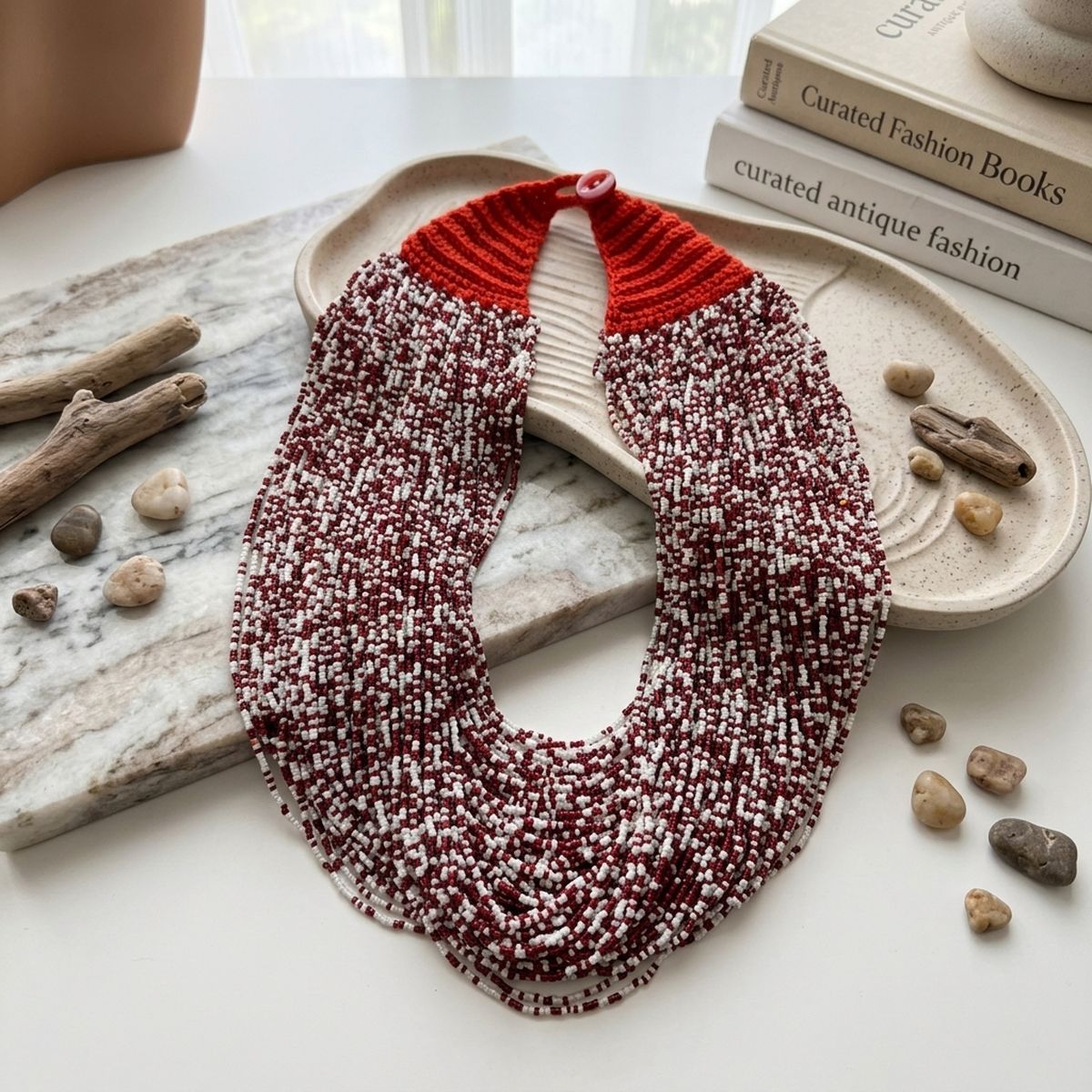 DST Mixed Deep Red White 100 Strand Bead Necklace