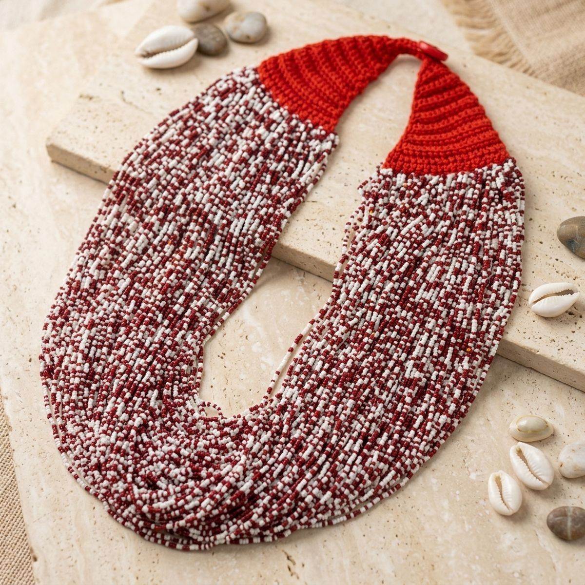 DST Mixed Deep Red White 100 Strand Bead Necklace