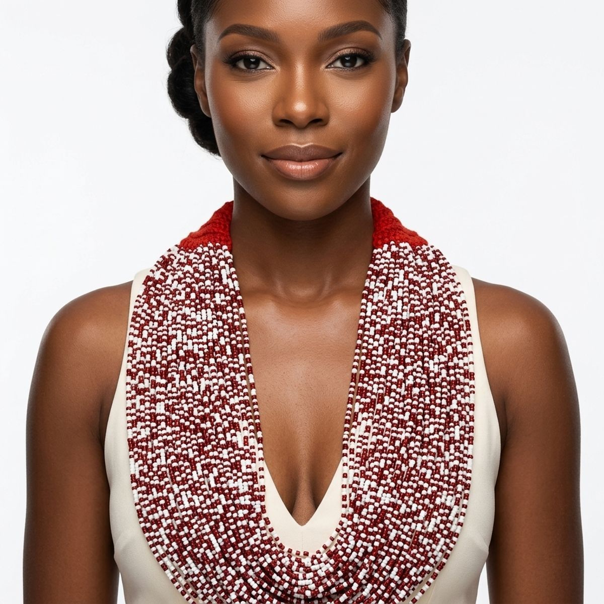 DST Mixed Deep Red White 100 Strand Bead Necklace