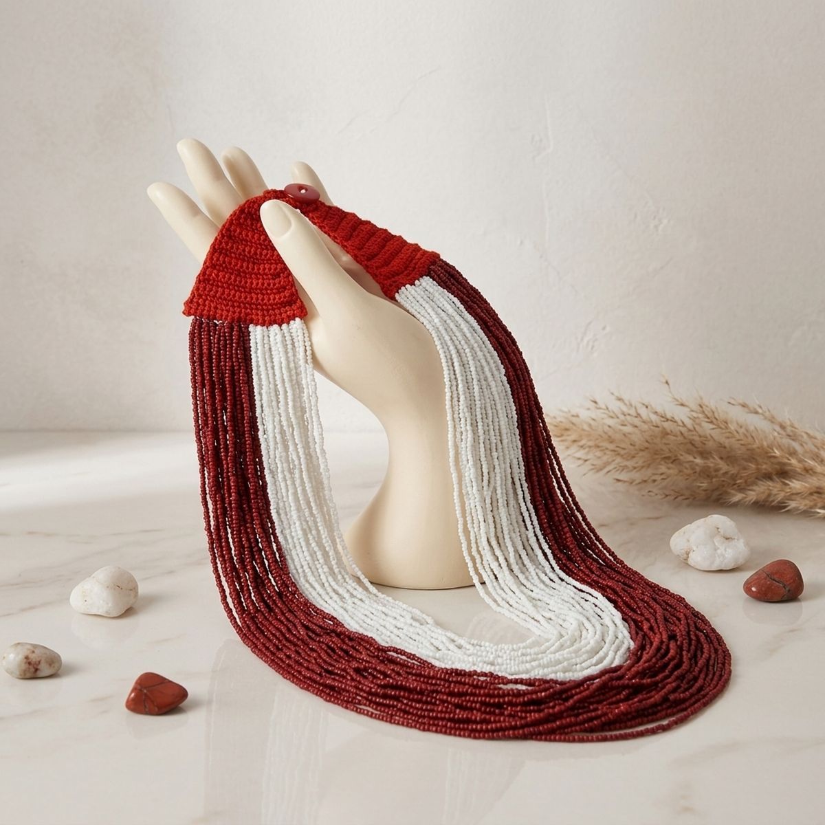 DST Colorblock Deep Red White 100 Strand Bead Necklace