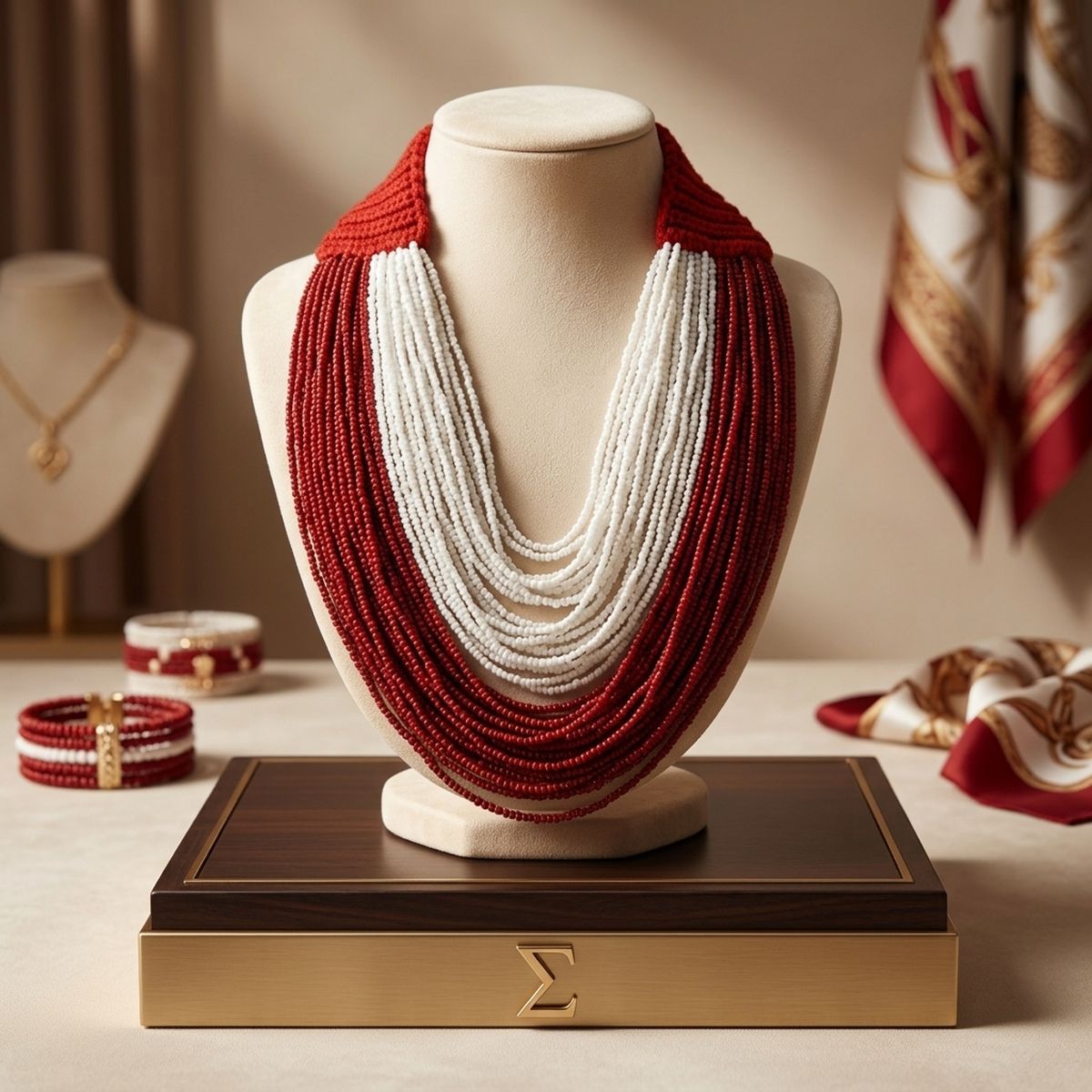 DST Colorblock Deep Red White 100 Strand Bead Necklace