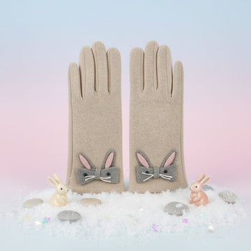 Beige Woolen Cute Rabbit Touchscreen Winter Gloves