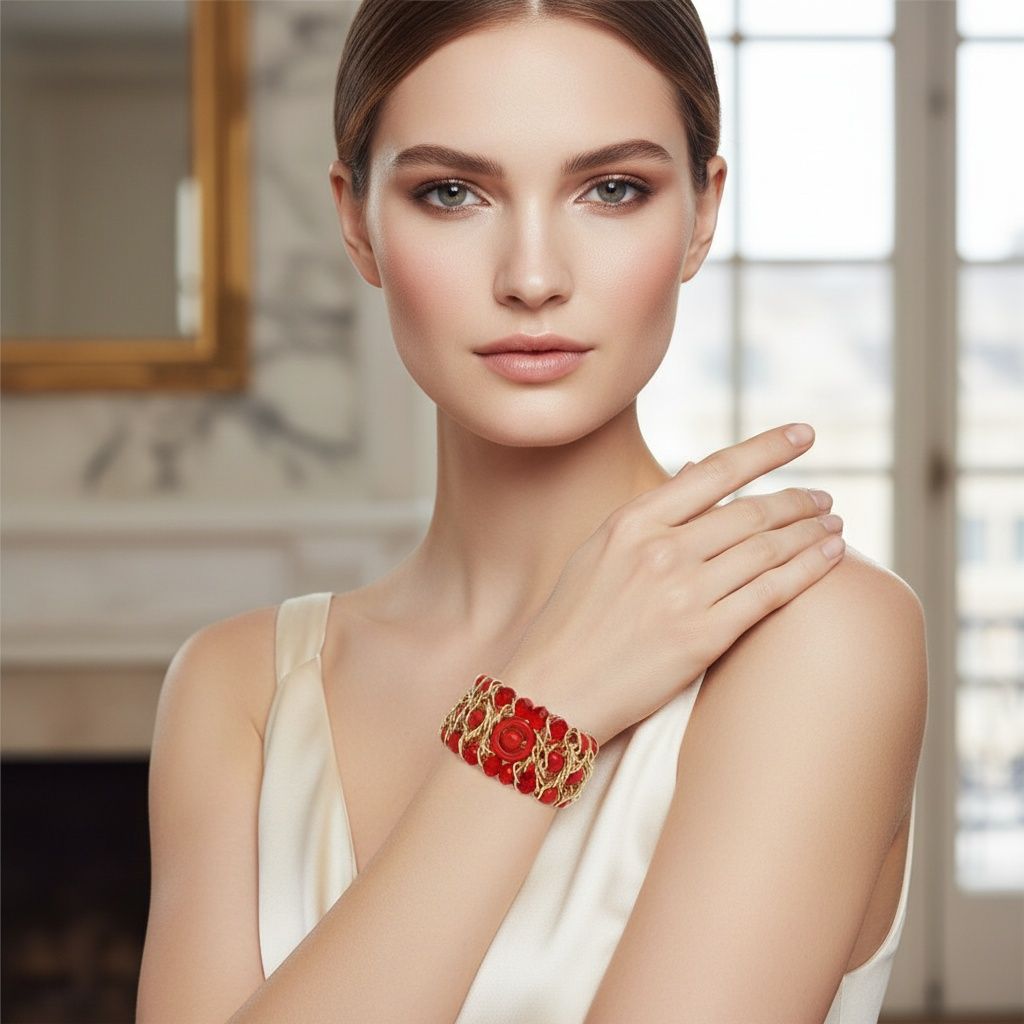 Red Glass and Cracked Bead Woven Stretch Bracelet