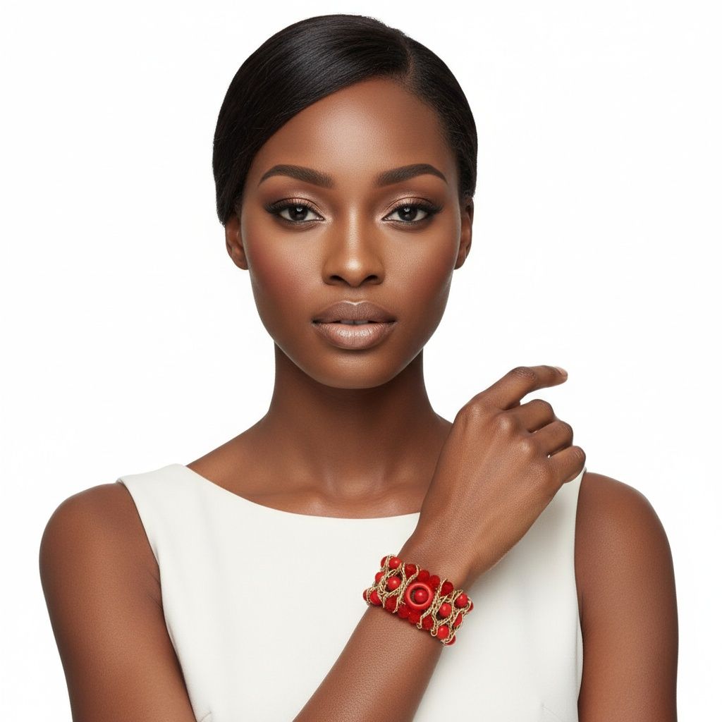 Red Glass and Cracked Bead Woven Stretch Bracelet