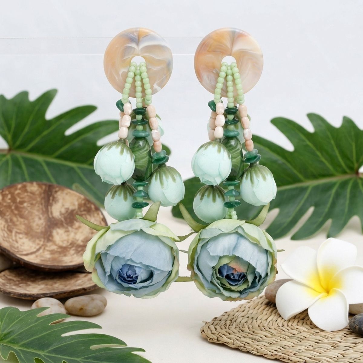Oversized Green Faux Flower Tropical Earrings