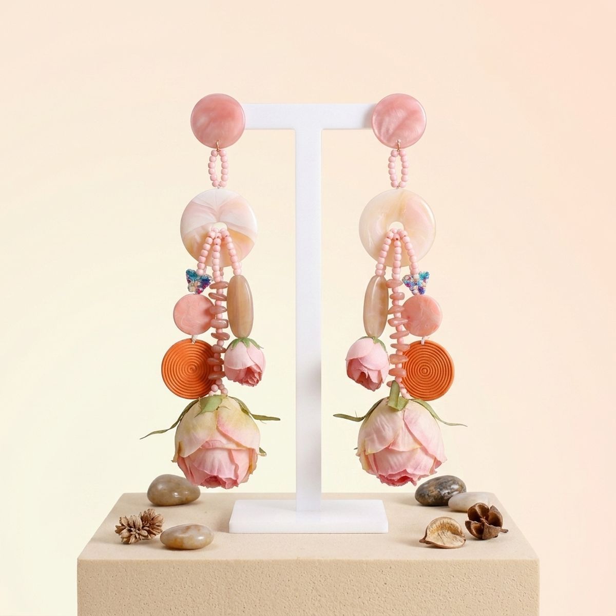 Pink Oversized Flower Butterfly Drop Earrings