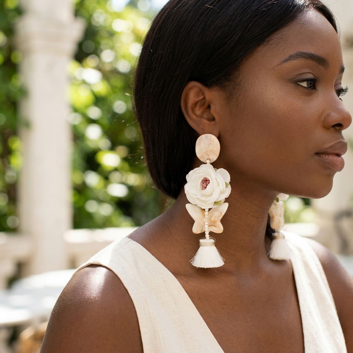 White Oversized Flower Butterfly Tassel Earrings