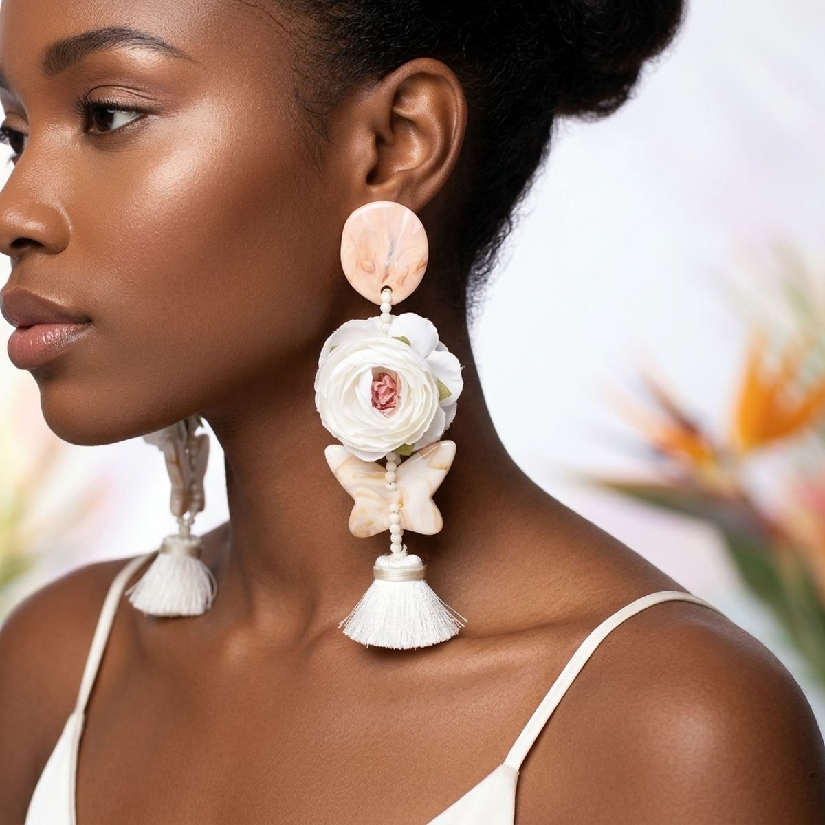 White Oversized Flower Butterfly Tassel Earrings
