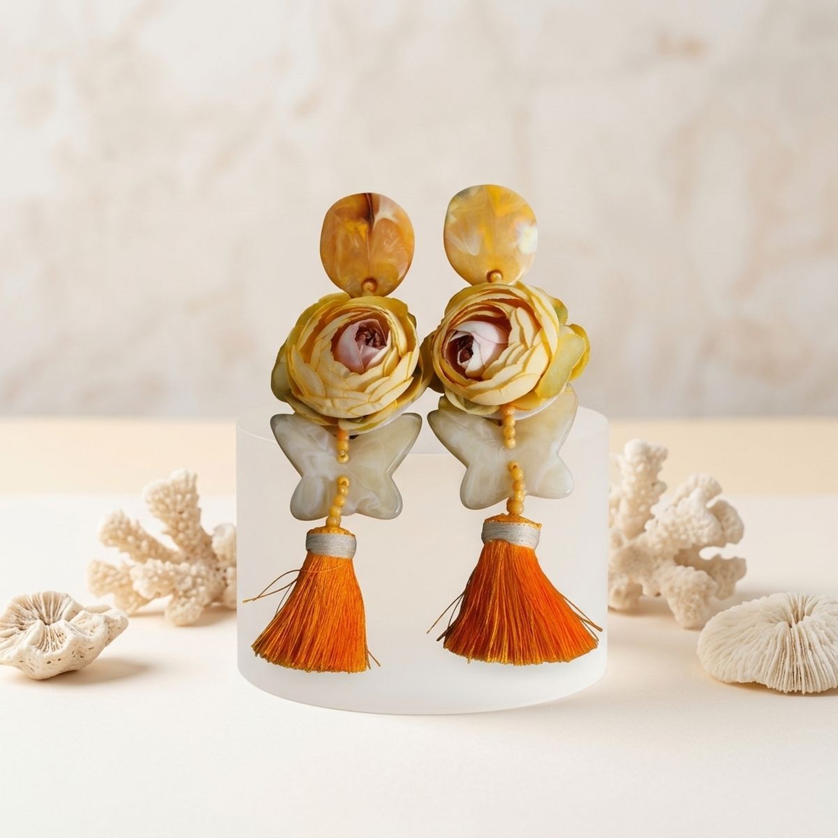 Yellow Oversized Flower Butterfly Tassel Earrings