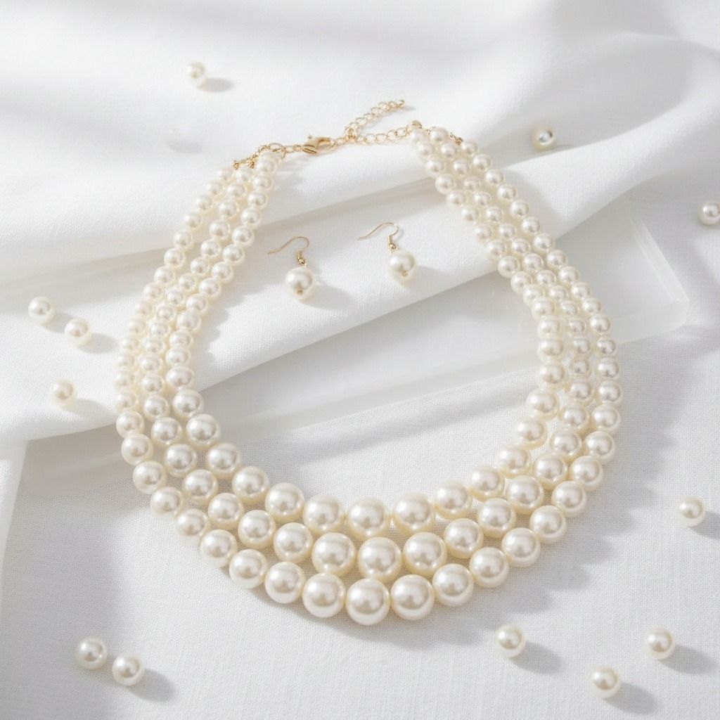 Luxurious Layers: Cream Pearl 3-Strand Gold Layered Necklace Set