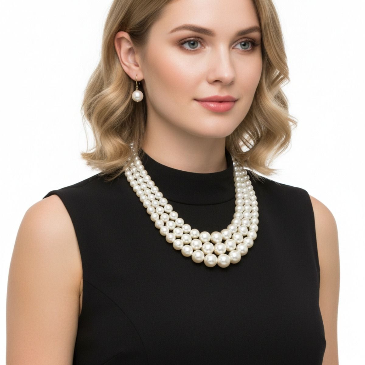Luxurious Layers: Cream Pearl 3-Strand Gold Layered Necklace Set