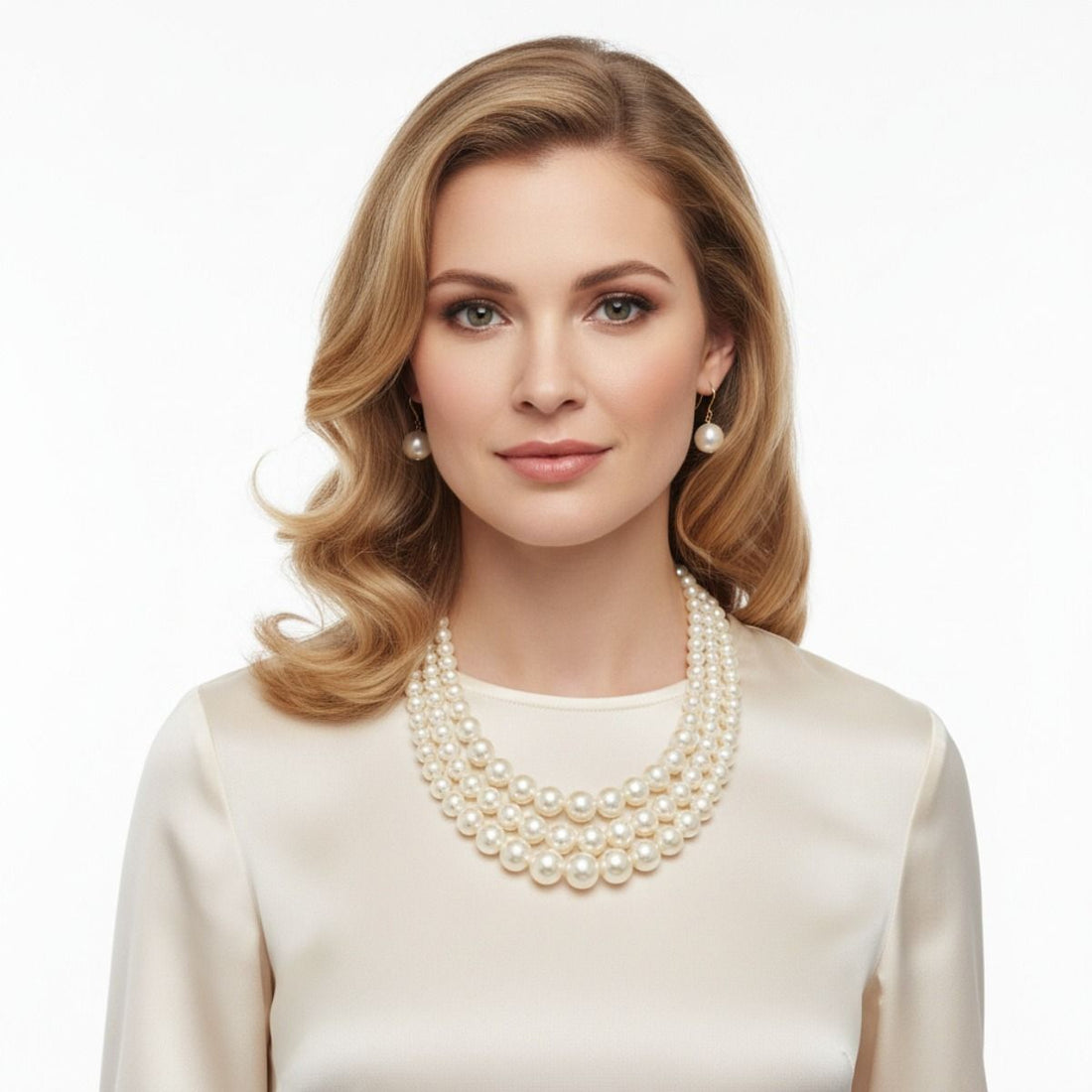 Luxurious Layers: Cream Pearl 3-Strand Gold Layered Necklace Set