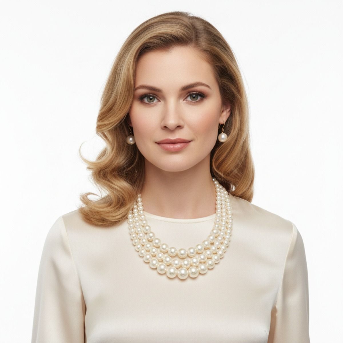 Luxurious Layers: Cream Pearl 3-Strand Gold Layered Necklace Set