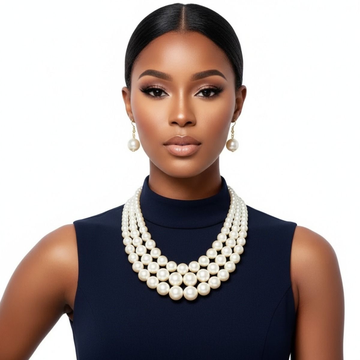 Luxurious Layers: Cream Pearl 3-Strand Gold Layered Necklace Set