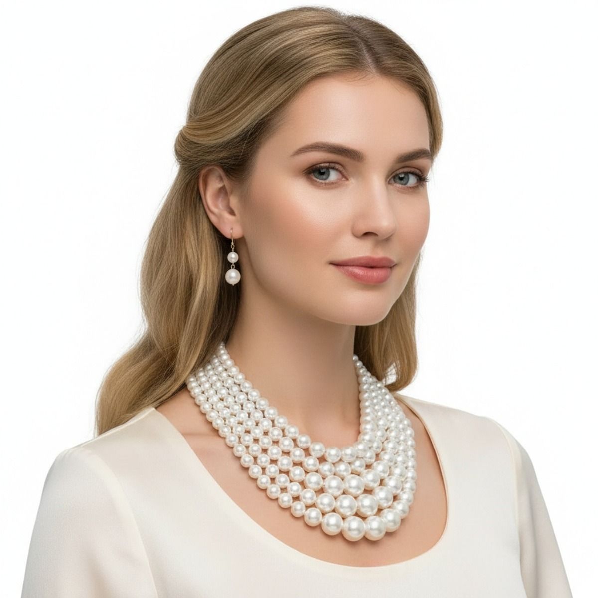 Cream Pearl Multi Strand Necklace Set