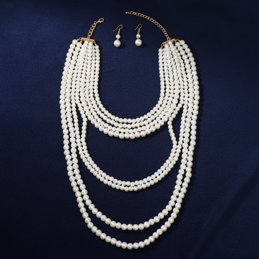 Long Cream Pearl 8 Strand Layered Classic Necklace