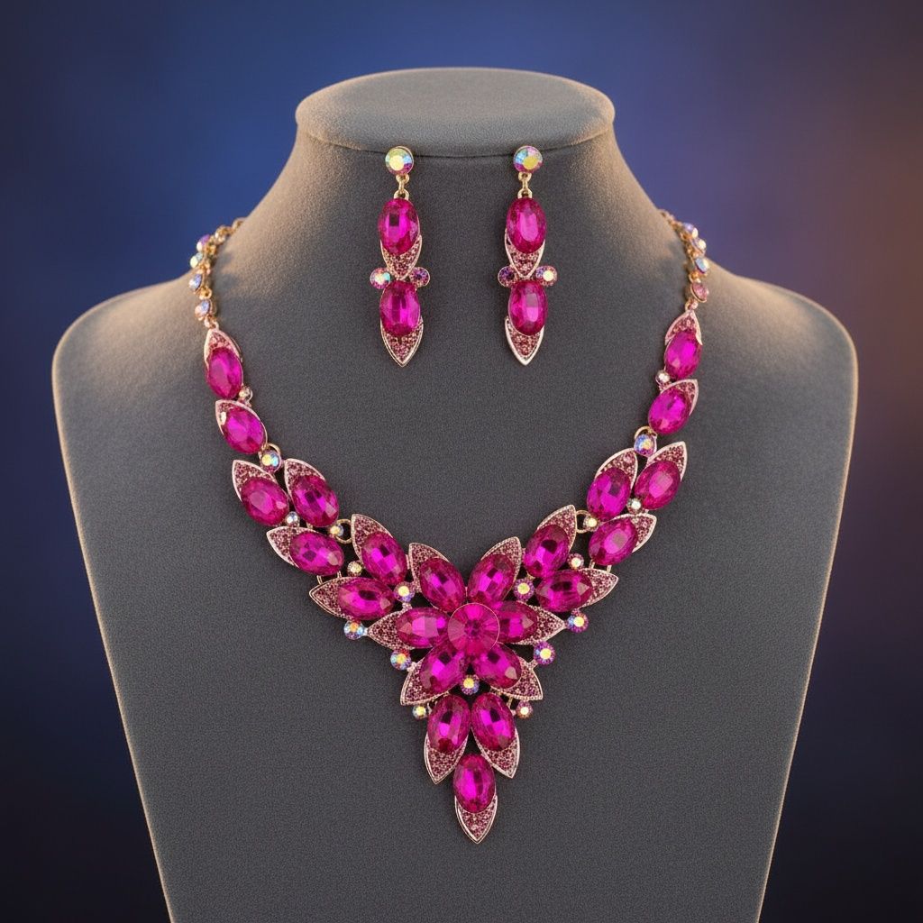 Fuchsia Oval Crystal Petal V Shape Formal Necklace