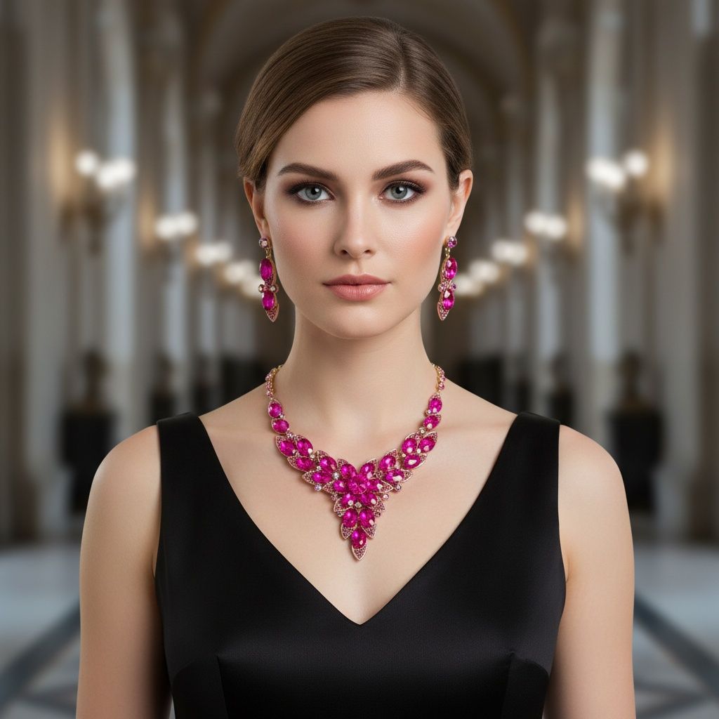 Fuchsia Oval Crystal Petal V Shape Formal Necklace