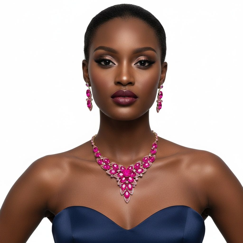 Fuchsia Oval Crystal Petal V Shape Formal Necklace