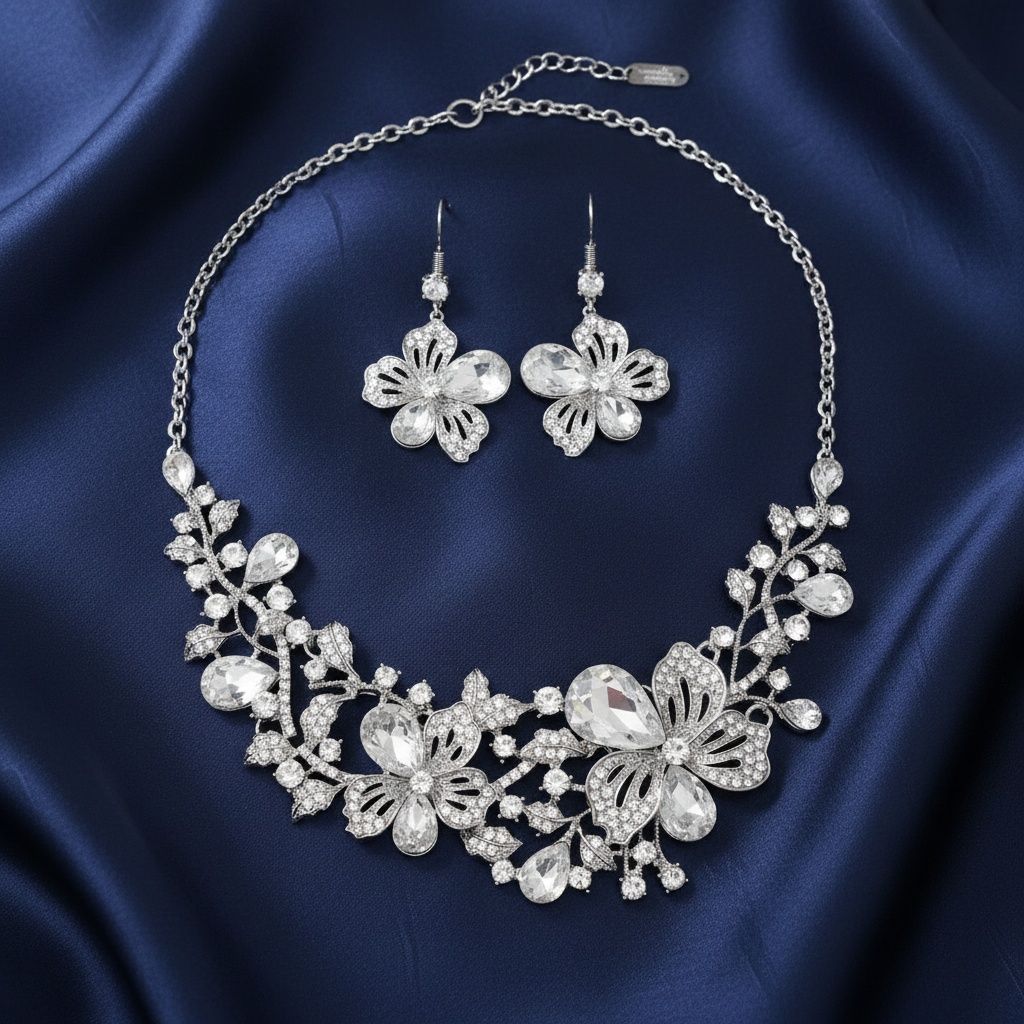 Silver Floral Intricate Crystal Collar Necklace