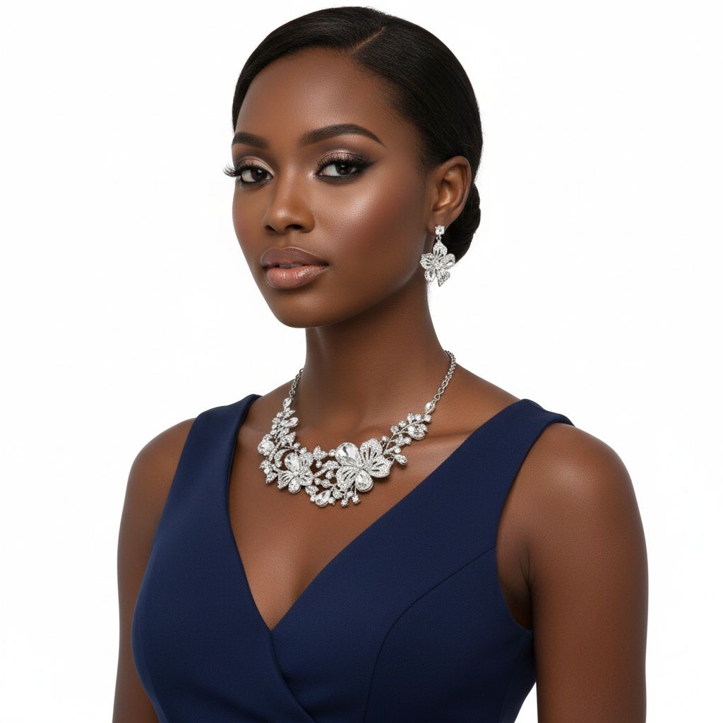 Silver Floral Intricate Crystal Collar Necklace