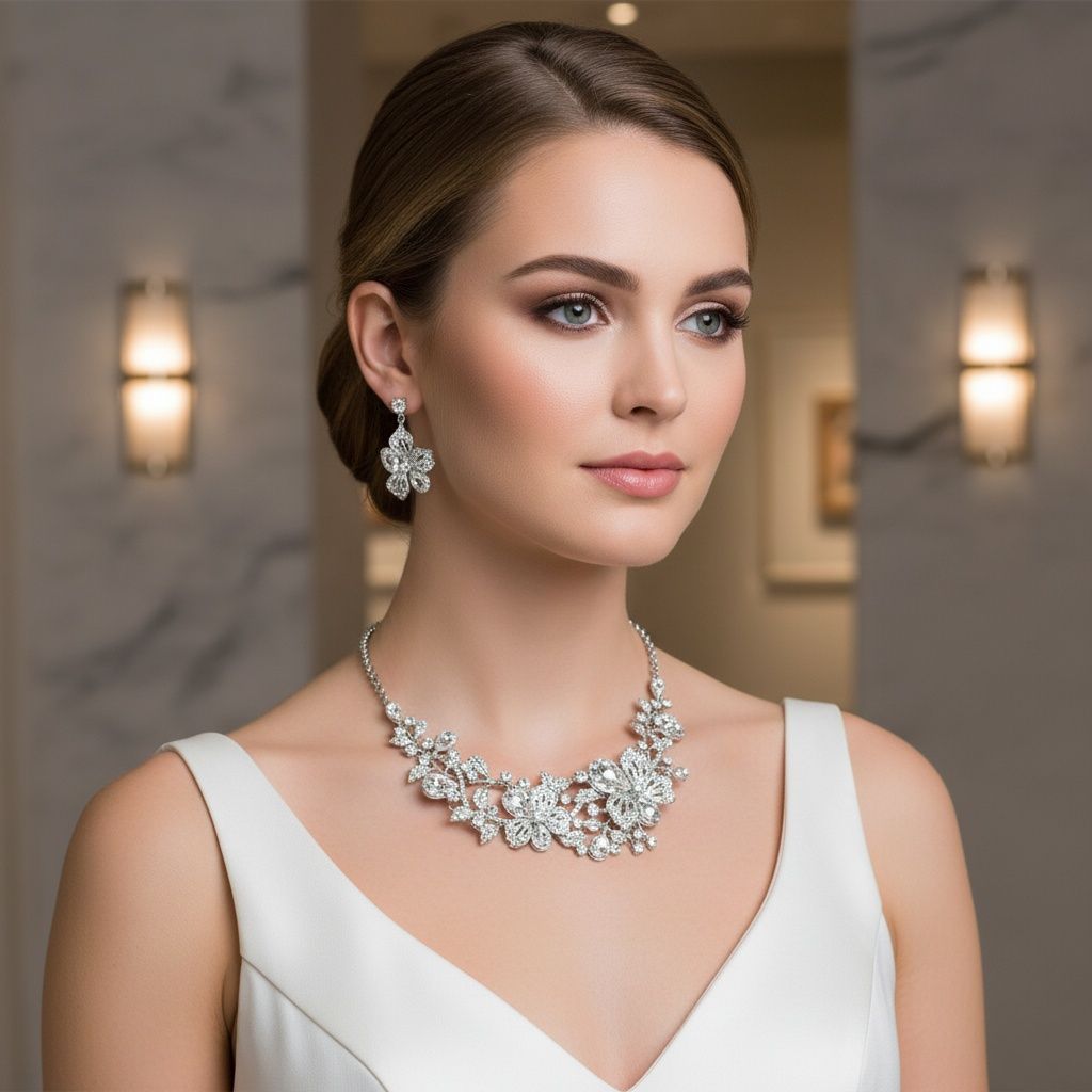 Silver Floral Intricate Crystal Collar Necklace