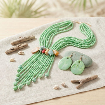 Marbled Green and Stone Bead Tassel Y Necklace