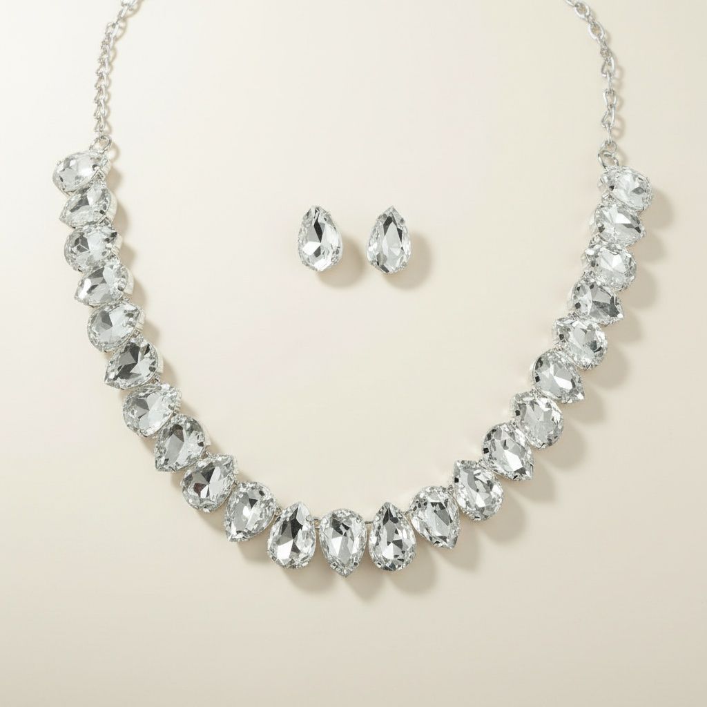 Silver Teardrop Crystals Gemstone Collar Necklace